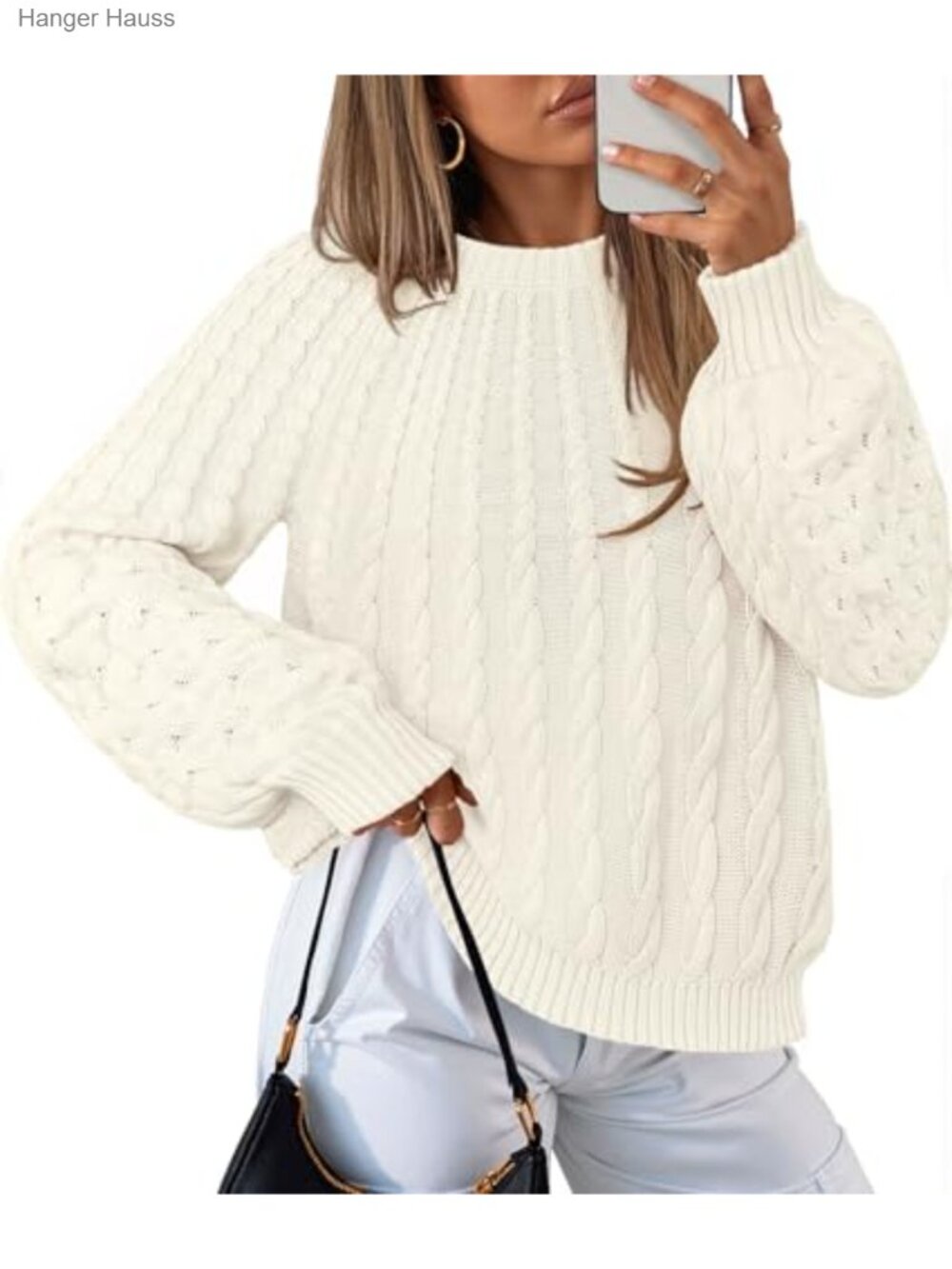 Women's Cable Knit Chunky Pullover Sweater Lantern Sleeve Fall Winter